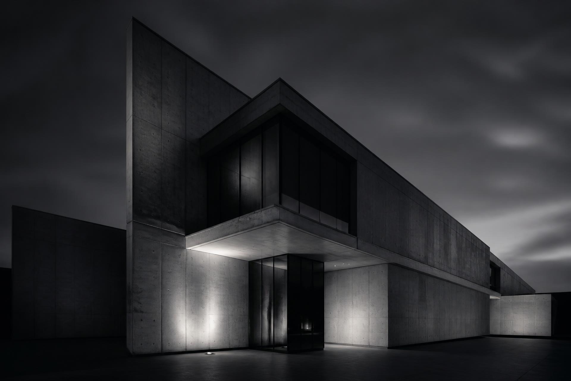 Architecture contemporaine en béton sombre, lumière rasante à la tombée du jour